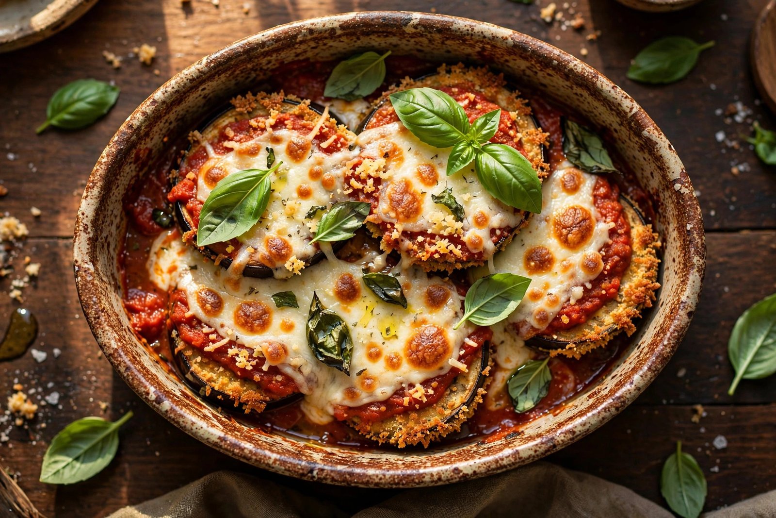 Keto eggplant parmesan with melted mozzarella and basil in a rustic baking dish
