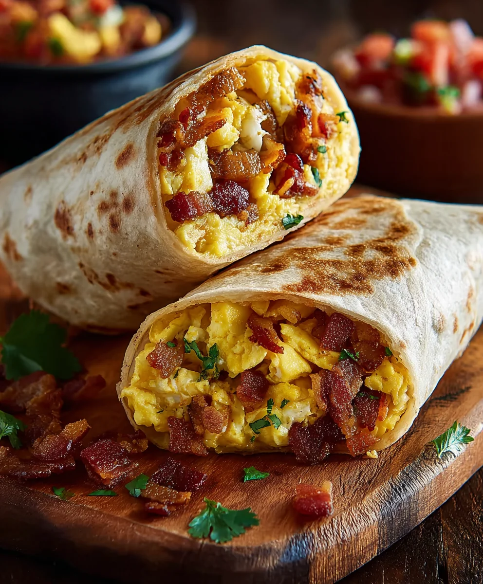 Breakfast burritos filled with scrambled eggs and bacon, cut open