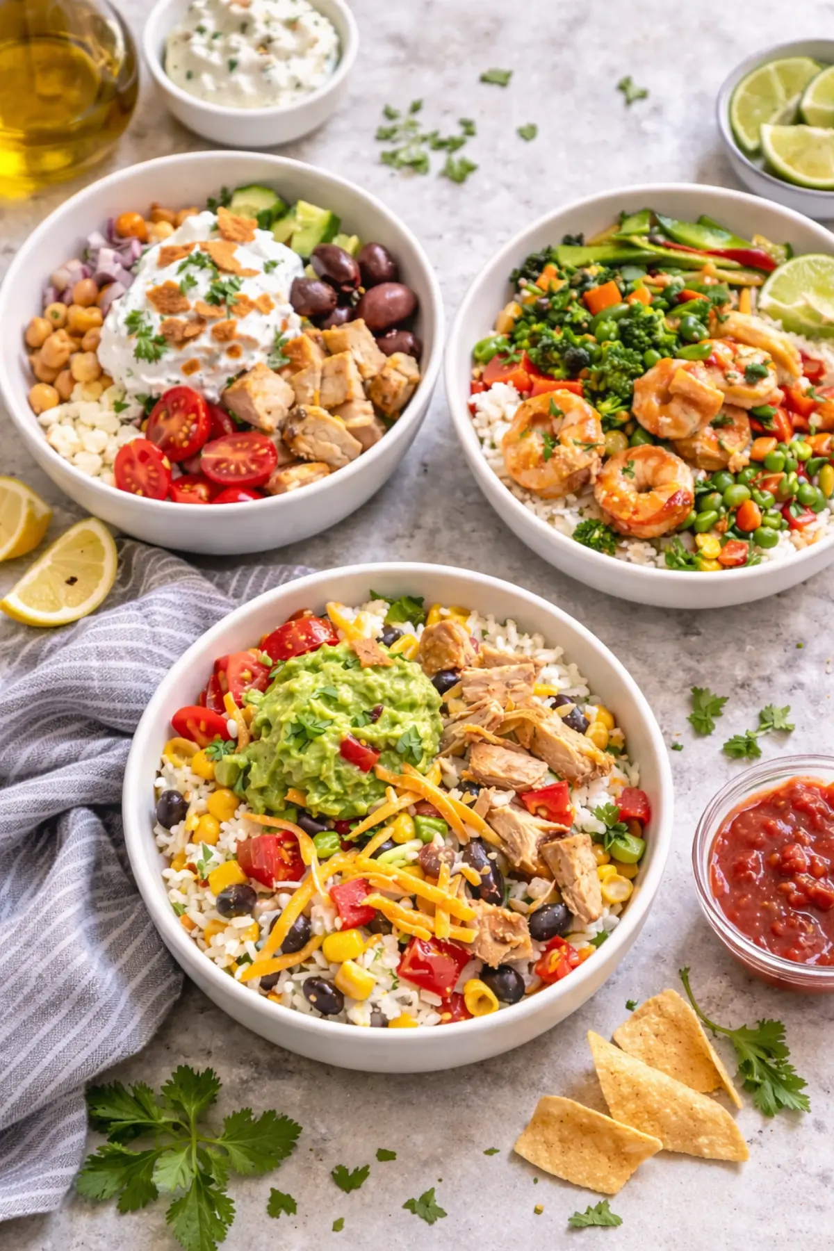 High-protein meal prep bowls with chicken, shrimp, chickpeas and vegetables