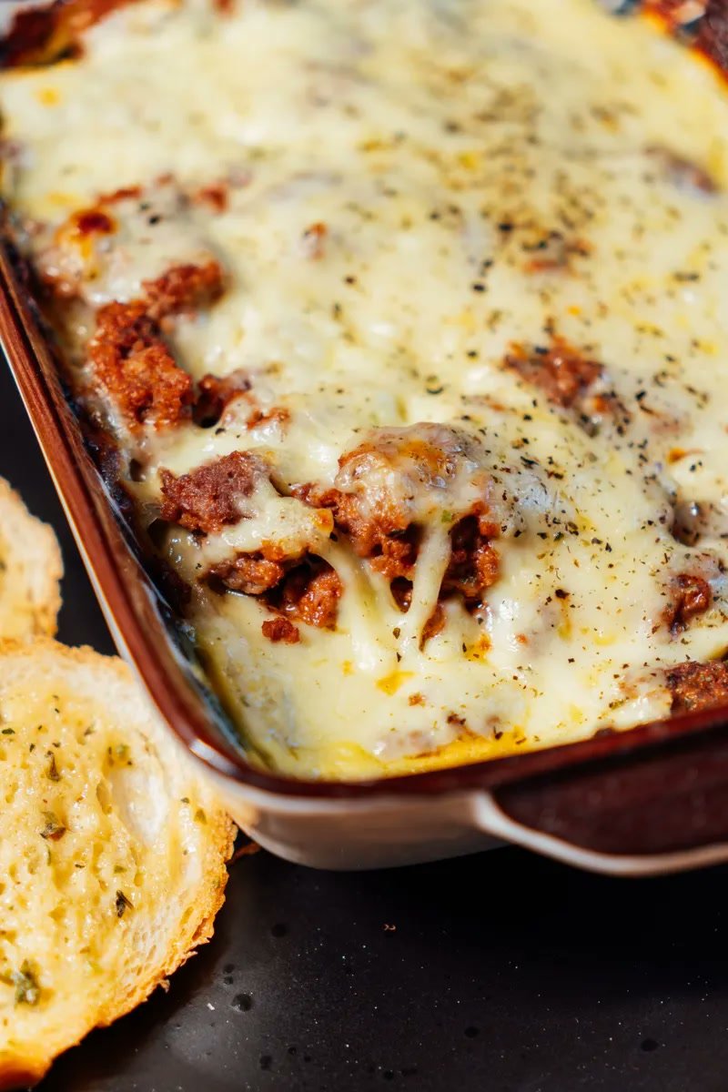 Golden baked keto lasagna casserole with melted cheese