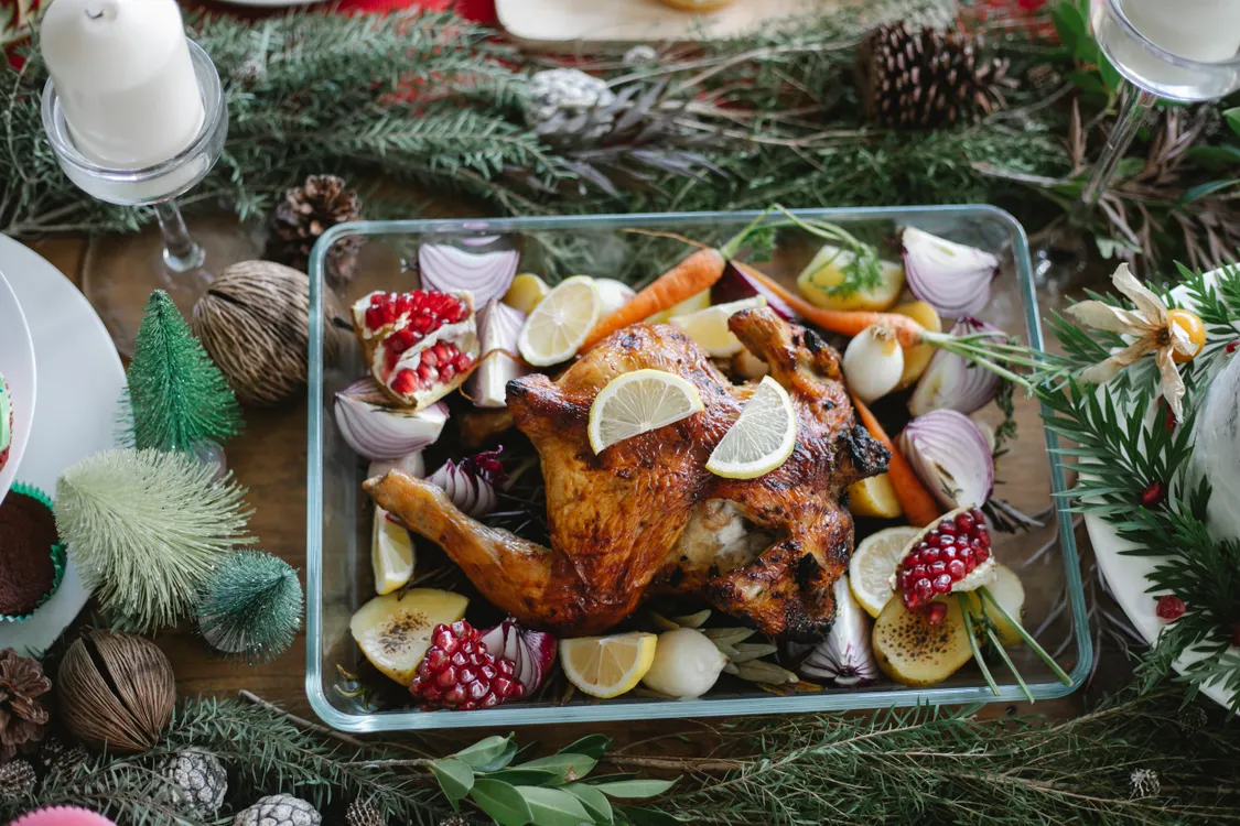 Roasted chicken dinner with vegetables served on a plate