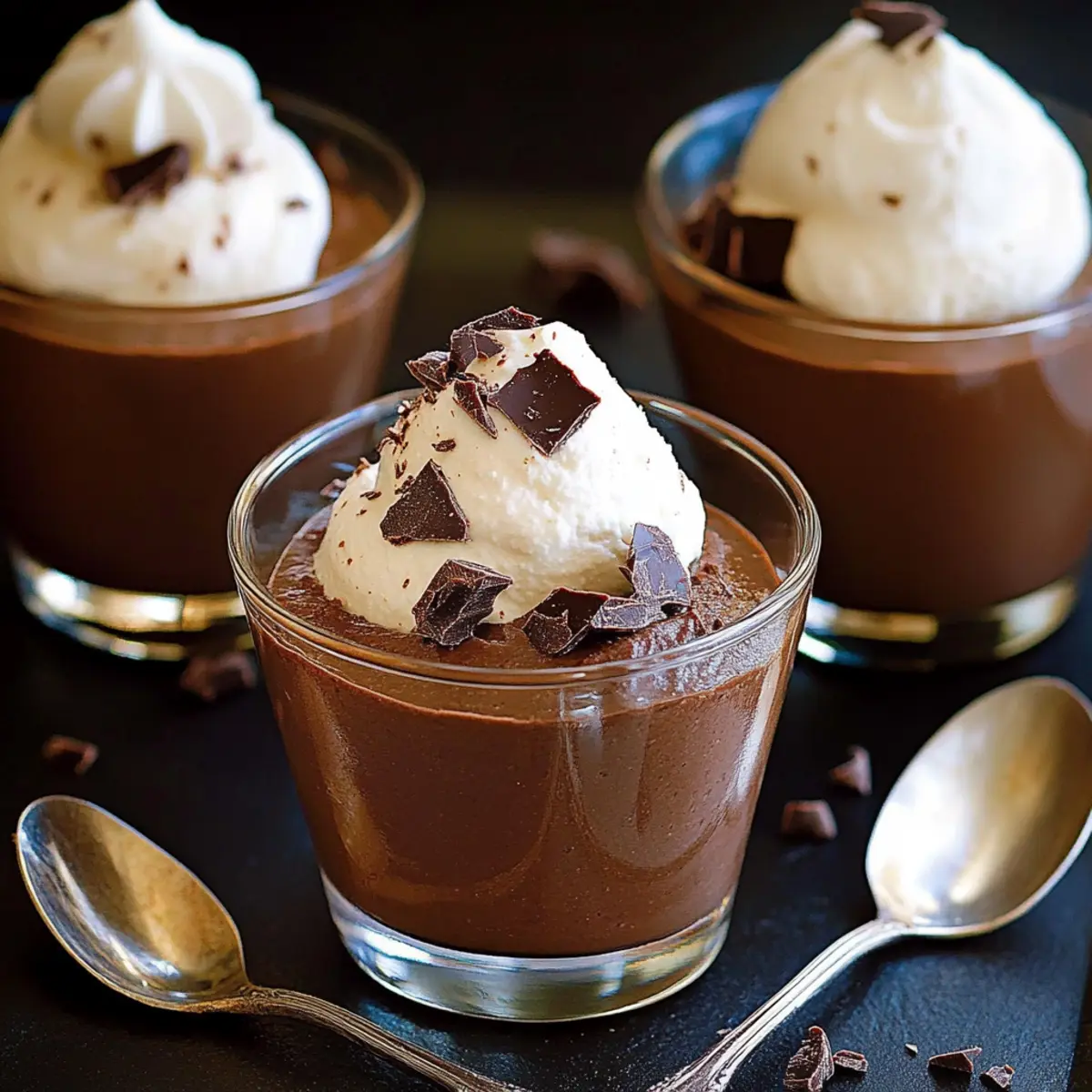 Chocolate cottage cheese mousse cups topped with whipped cream and chocolate shavings