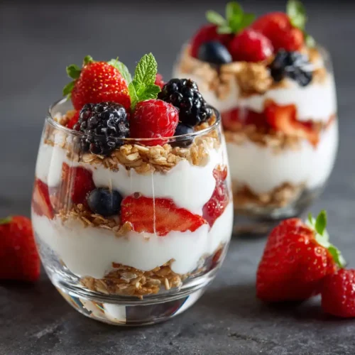 Greek yogurt berry parfaits layered with granola and fresh berries